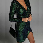 Elegant Deep VNeck Sequin Mini Dress Long Sleeve Party Dress