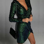 Elegant Deep VNeck Sequin Mini Dress Long Sleeve Party Dress