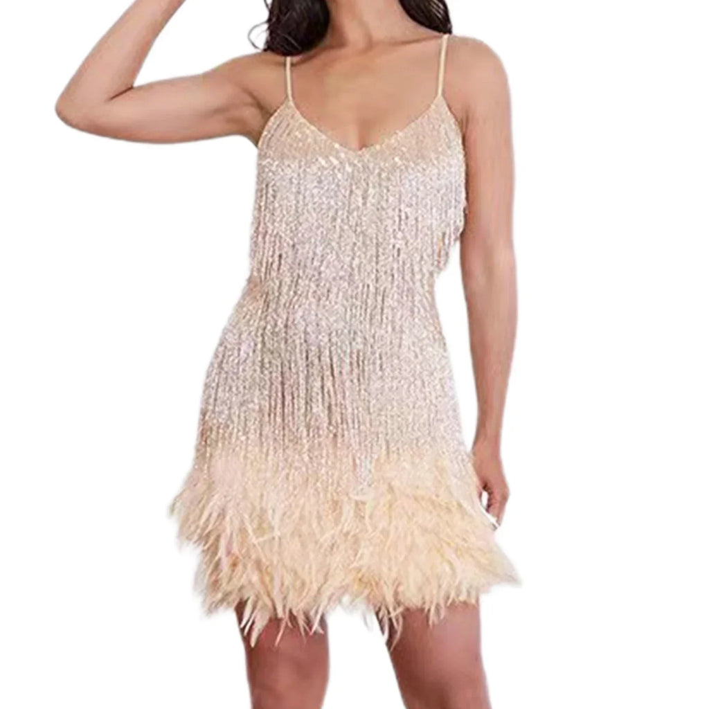 Feather Sequin Off-Shoulder Mini Party Dress