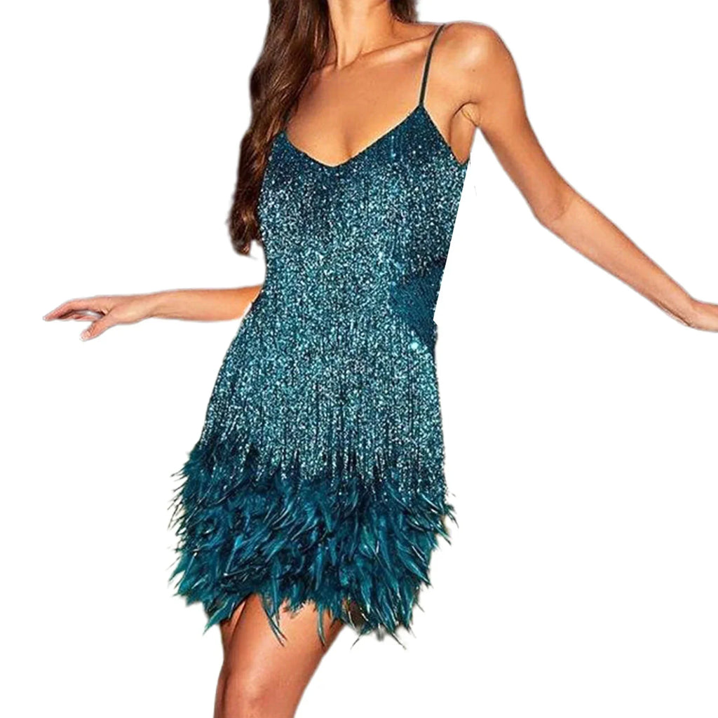 Feather Sequin Off-Shoulder Mini Party Dress