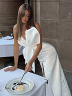 Elegant Large Bow Tie Sling High Slit Chic Off Party Dress