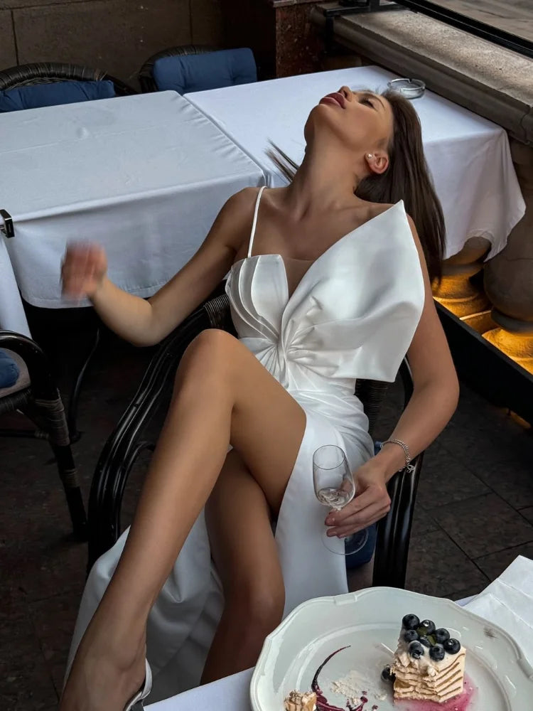 Elegant Large Bow Tie Sling High Slit Chic Off Party Dress