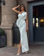 Elegant Large Bow Tie Sling High Slit Chic Off Party Dress