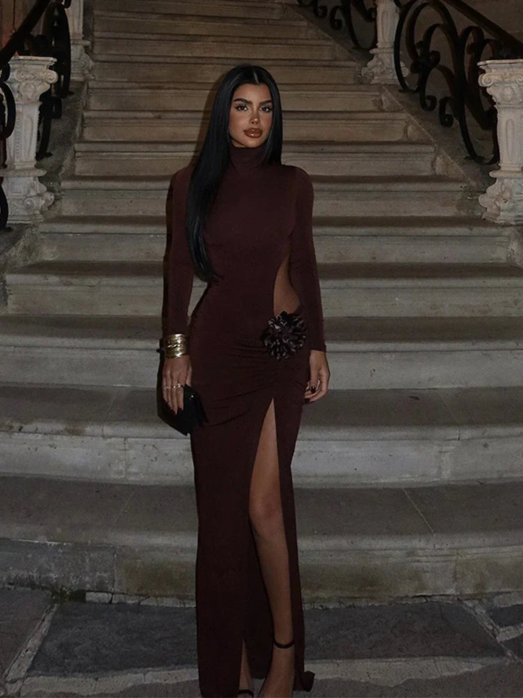 Mock Turtleneck Solid Long Sleeve Party Dress
