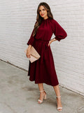 Elegant Office Dress Formal Loose Green Long Sleeve Belt ALine Midi Dresses