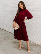 Elegant Office Dress Formal Loose Green Long Sleeve Belt ALine Midi Dresses