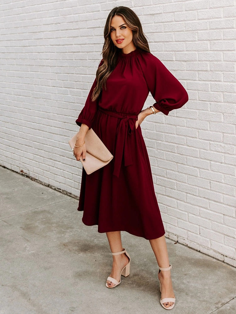 Elegant Office Dress Formal Loose Green Long Sleeve Belt ALine Midi Dresses