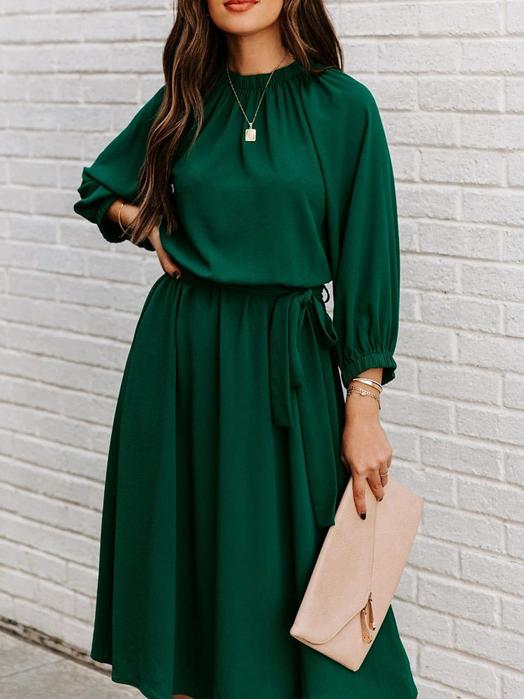 Elegant Office Dress Formal Loose Green Long Sleeve Belt ALine Midi Dresses