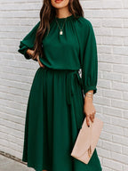 Elegant Office Dress Formal Loose Green Long Sleeve Belt ALine Midi Dresses