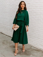 Elegant Office Dress Formal Loose Green Long Sleeve Belt ALine Midi Dresses