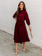 Elegant Office Dress Formal Loose Green Long Sleeve Belt ALine Midi Dresses