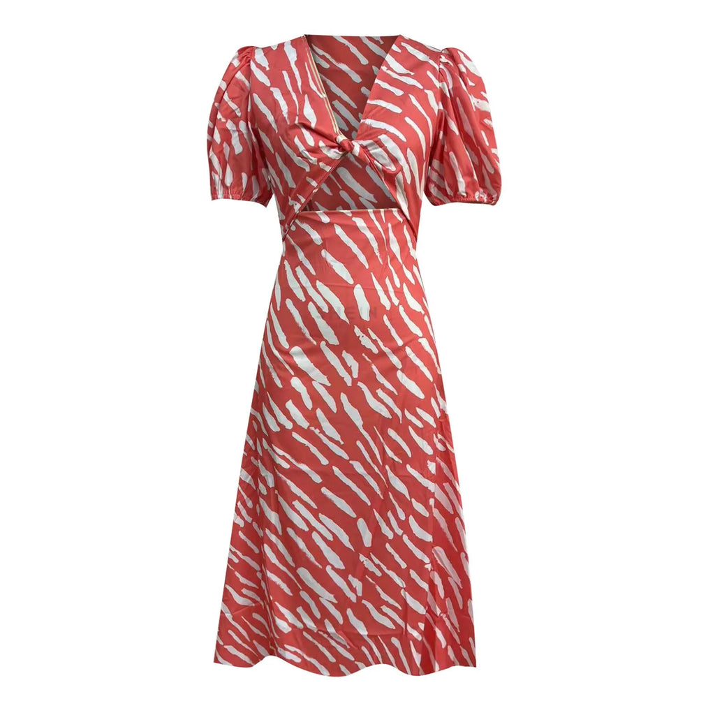 Elegant Boho Stripe Print VNeck Puff Sleeve Midi Dress