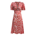 Elegant Boho Stripe Print VNeck Puff Sleeve Midi Dress