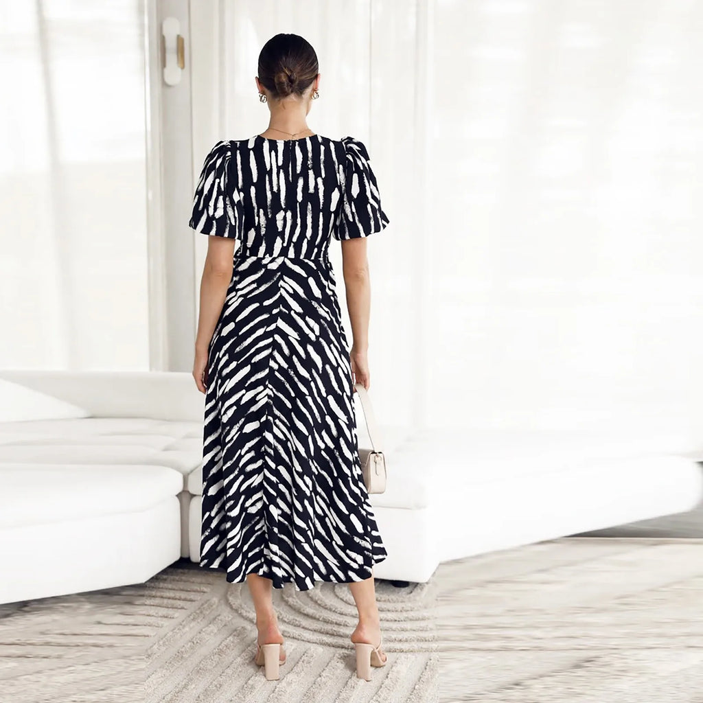 Elegant Boho Stripe Print VNeck Puff Sleeve Midi Dress