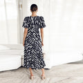 Elegant Boho Stripe Print VNeck Puff Sleeve Midi Dress