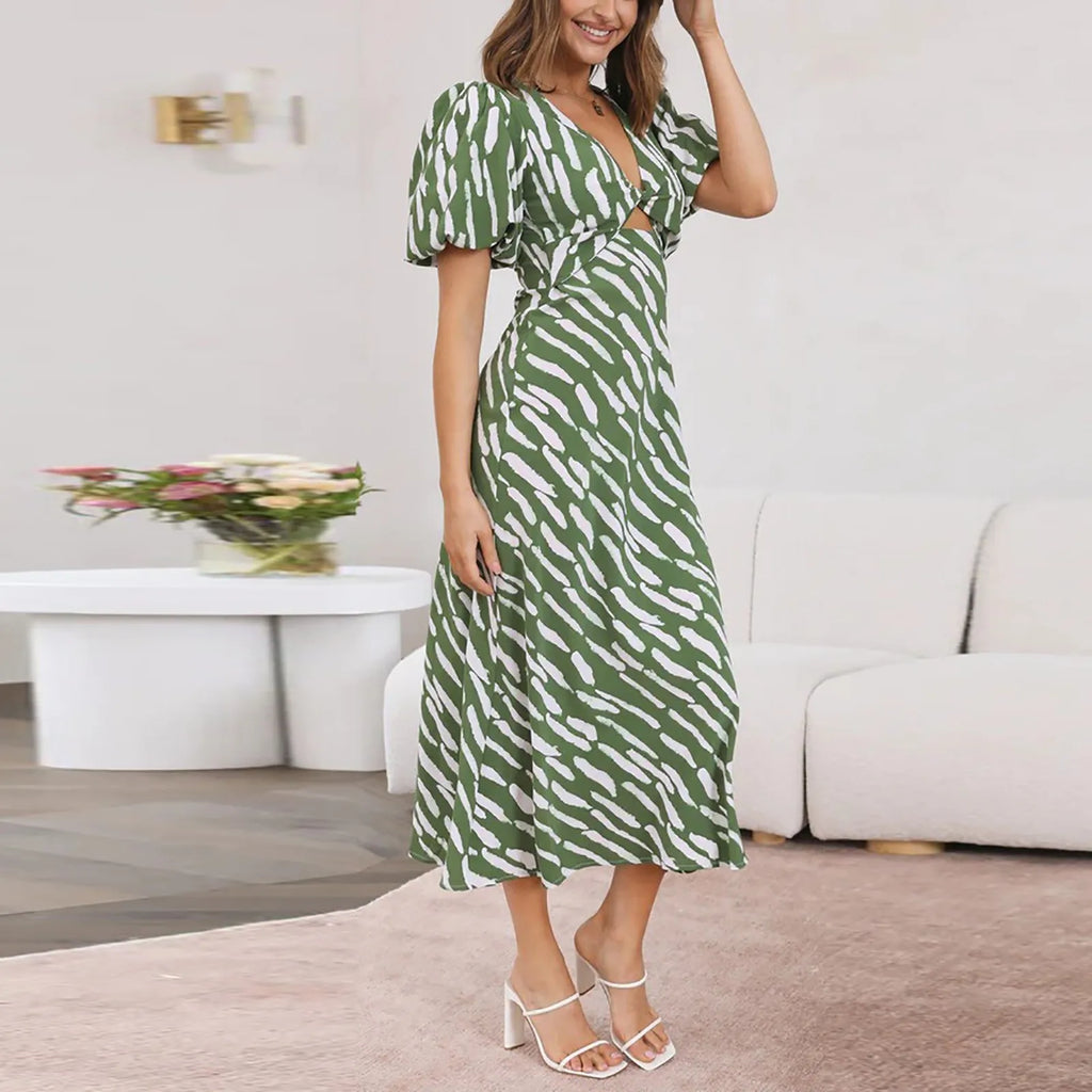 Elegant Boho Stripe Print VNeck Puff Sleeve Midi Dress