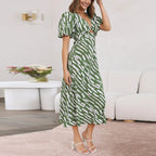 Elegant Boho Stripe Print VNeck Puff Sleeve Midi Dress