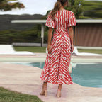 Elegant Boho Stripe Print VNeck Puff Sleeve Midi Dress