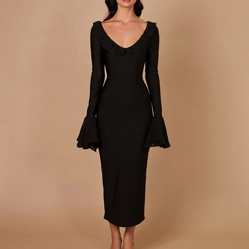 Elegant Solid Color O Neck Flare Sleeve Laceup Ruffles Maxi Dress