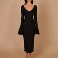 Elegant Solid Color O Neck Flare Sleeve Laceup Ruffles Maxi Dress