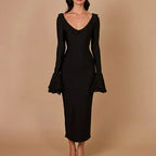 Elegant Solid Color O Neck Flare Sleeve Laceup Ruffles Maxi Dress
