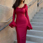 Elegant Solid Color O Neck Flare Sleeve Laceup Ruffles Maxi Dress