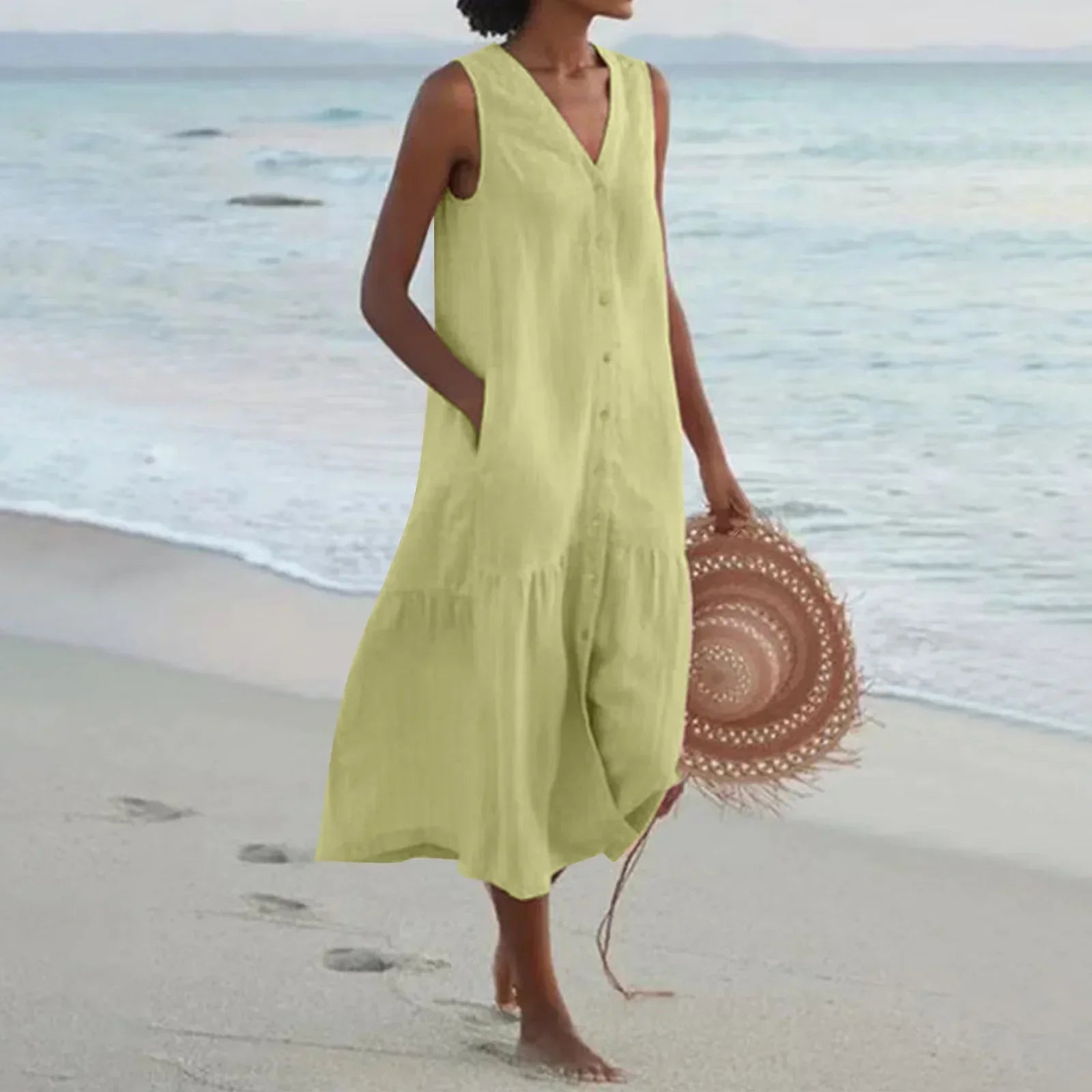 Elegant Solid Shirt Summer Sleeveless V Neck Harajuku Maxi Dress