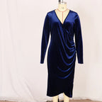 Elegant Velvet Bodycon Dress Women Sexy Wrapped V-neck Long Sleeve Party Dress