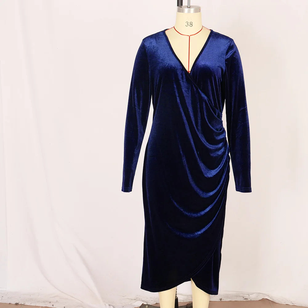 Elegant Velvet Bodycon Dress Women Sexy Wrapped V-neck Long Sleeve Party Dress