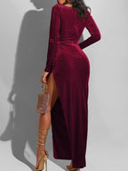 Elegant Velvet High Waist Slit Maxi Dress Long Sleeve Evening Party Dress