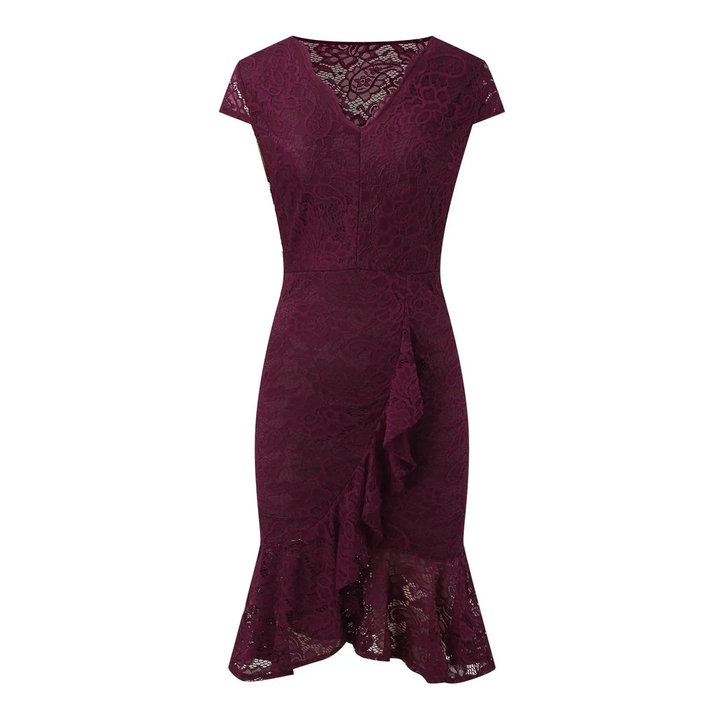 Elegant Evening Lace Sheer Floral Hollow VNeck Short Sleeve Bodycon Midi Ruffles Party Summer Dress