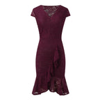Elegant Evening Lace Sheer Floral Hollow VNeck Short Sleeve Bodycon Midi Ruffles Party Summer Dress