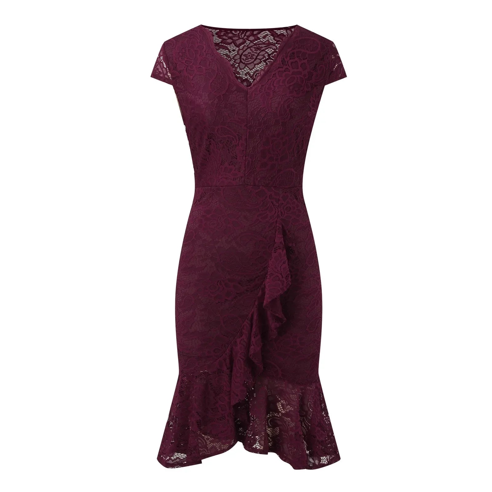 Elegant Evening Lace Sheer Floral Hollow VNeck Short Sleeve Bodycon Midi Ruffles Party Summer Dress