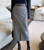 Elegant Striped Faux Wool Belted Casual High Waist ALine Skirt