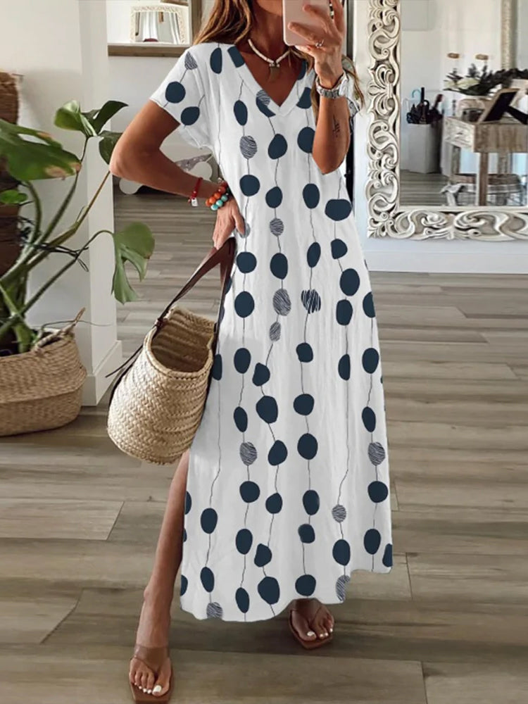 Elegant Polka Dot V-Neck Maxi Dress