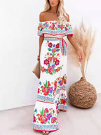 Elegant Short Sleeve Print Maxi Dress