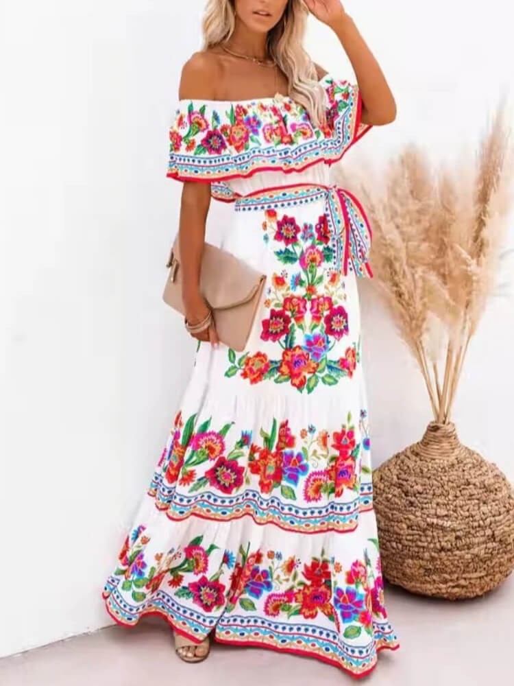 Elegant Short Sleeve Print Maxi Dress