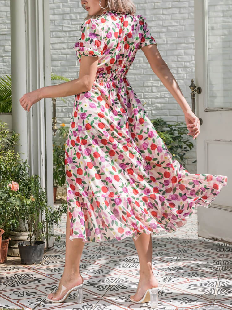 Elegant Short Sleeve V Neck All-Over Flower Pattern Midi Dress