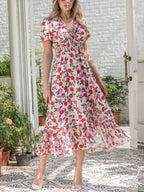 Elegant Short Sleeve V Neck All-Over Flower Pattern Midi Dress
