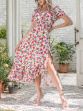 Elegant Short Sleeve V Neck All-Over Flower Pattern Midi Dress