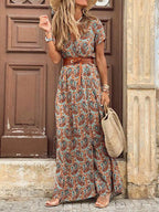 Elegant V Neck Short Sleeve Paisley Print Belt Maxi Dress