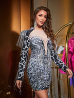 Elian Long Sleeve Glitter Rhinestone Fringe Mini Dress