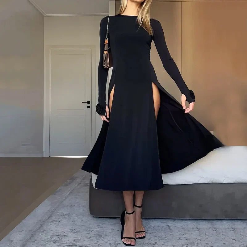 Ellafads Rose Split ALine Full Sleeve Midi Dress