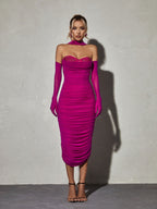 Else Mesh Ruched Split Midi Dress With Gloves