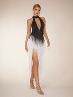 Halterneck Fringe Cutout Split Maxi Dress In Black & White