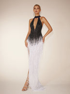Halterneck Fringe Cutout Split Maxi Dress In Black & White