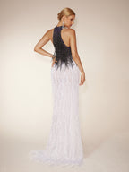 Halterneck Fringe Cutout Split Maxi Dress In Black & White
