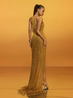 Halterneck Fringe Cutout Split Maxi Dress In Gold