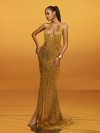 Halterneck Fringe Cutout Split Maxi Dress In Gold