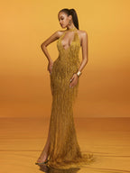 Halterneck Fringe Cutout Split Maxi Dress In Gold